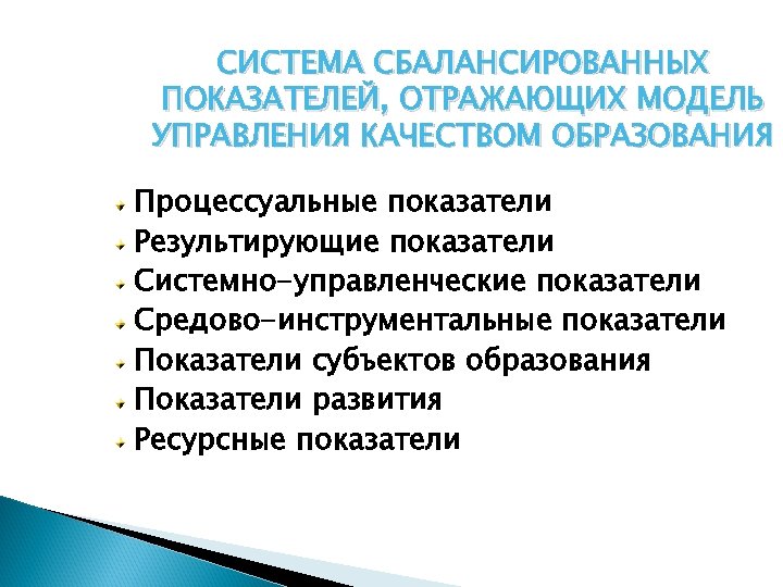 СИСТЕМА СБАЛАНСИРОВАННЫХ ПОКАЗАТЕЛЕЙ, ОТРАЖАЮЩИХ МОДЕЛЬ УПРАВЛЕНИЯ КАЧЕСТВОМ ОБРАЗОВАНИЯ Процессуальные показатели Результирующие показатели Системно-управленческие показатели