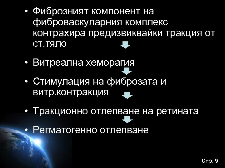  • Фиброзният компонент на фиброваскуларния комплекс контрахира предизвиквайки тракция от ст. тяло •