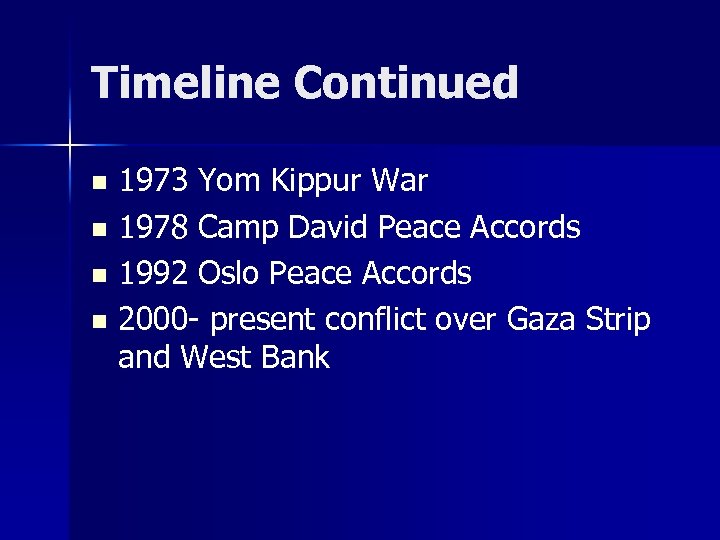 Timeline Continued 1973 Yom Kippur War n 1978 Camp David Peace Accords n 1992