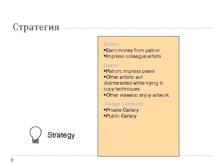 Стратегия Goals: §Earn money from patron §Impress colleague artists Users: §Patron: impress peers §Other