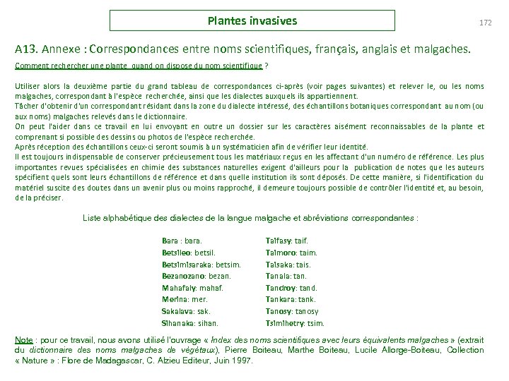 Plantes invasives 172 A 13. Annexe : Correspondances entre noms scientifiques, français, anglais et