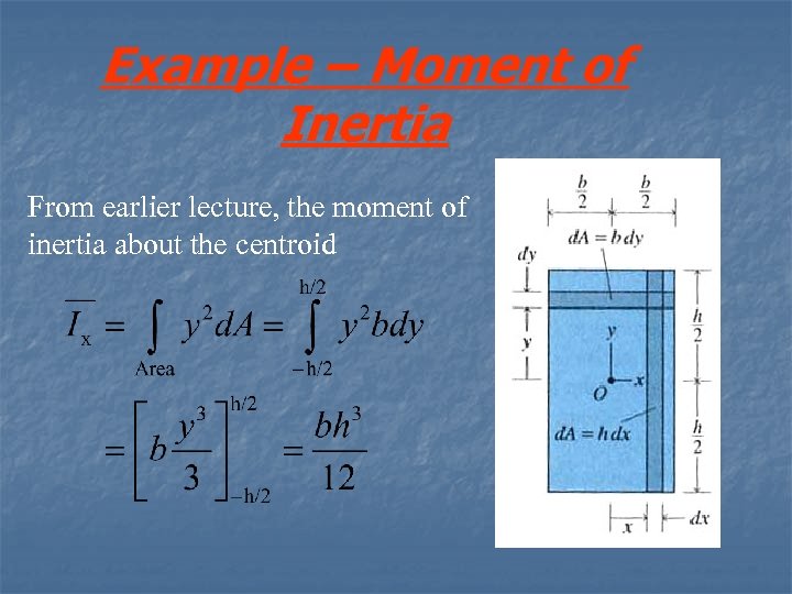 Example – Moment of Inertia From earlier lecture, the moment of inertia about the