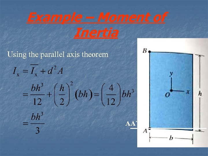 Example – Moment of Inertia Using the parallel axis theorem AA` 