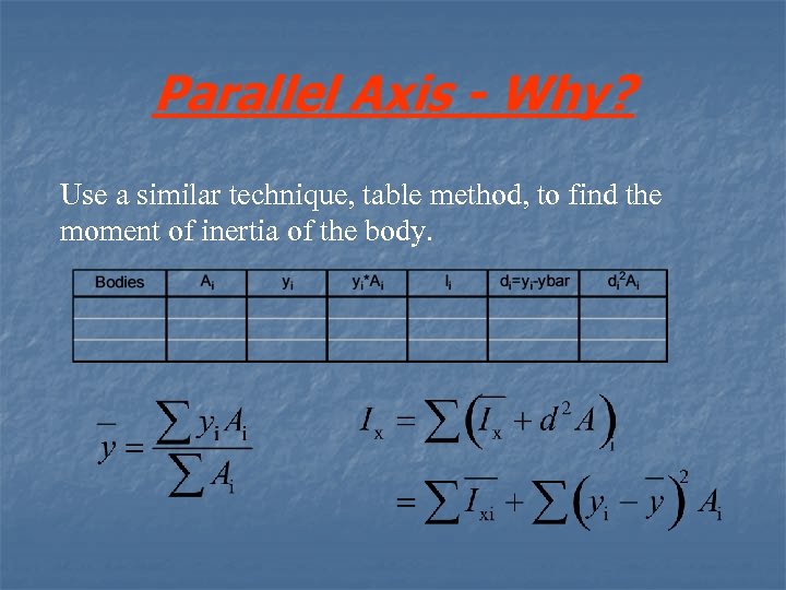 Parallel Axis - Why? Use a similar technique, table method, to find the moment