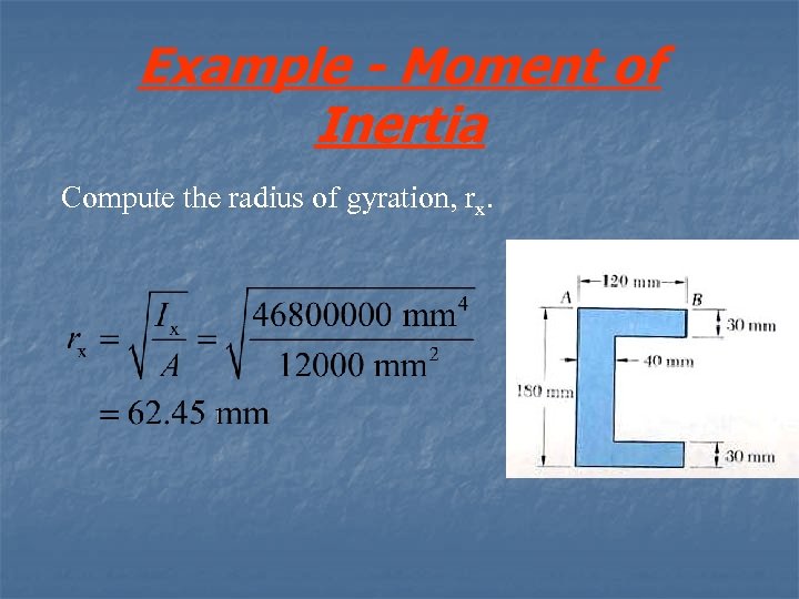 Example - Moment of Inertia Compute the radius of gyration, rx. 