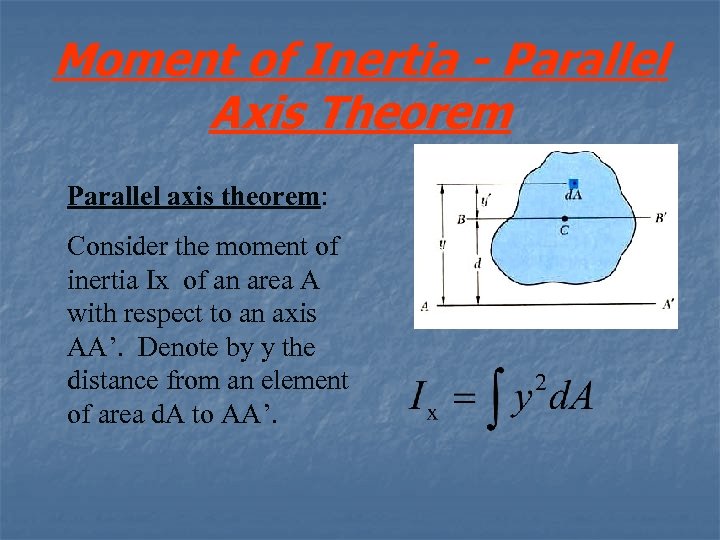 Moment of Inertia - Parallel Axis Theorem Parallel axis theorem: Consider the moment of