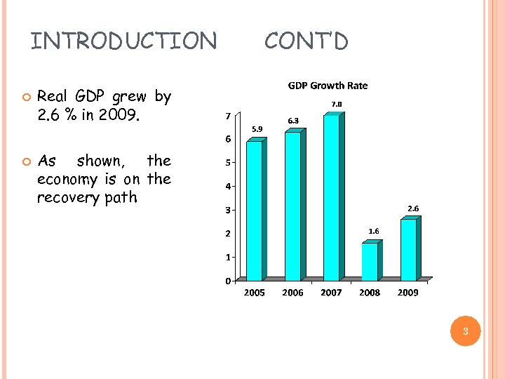 INTRODUCTION CONT’D Real GDP grew by 2. 6 % in 2009. As shown, the