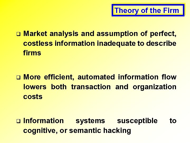 Theory of the Firm q Market analysis and assumption of perfect, costless information inadequate