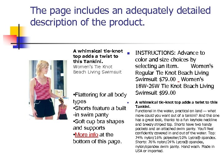 The page includes an adequately detailed description of the product. A whimsical tie-knot n