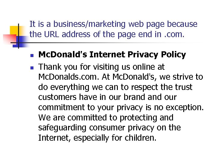 It is a business/marketing web page because the URL address of the page end