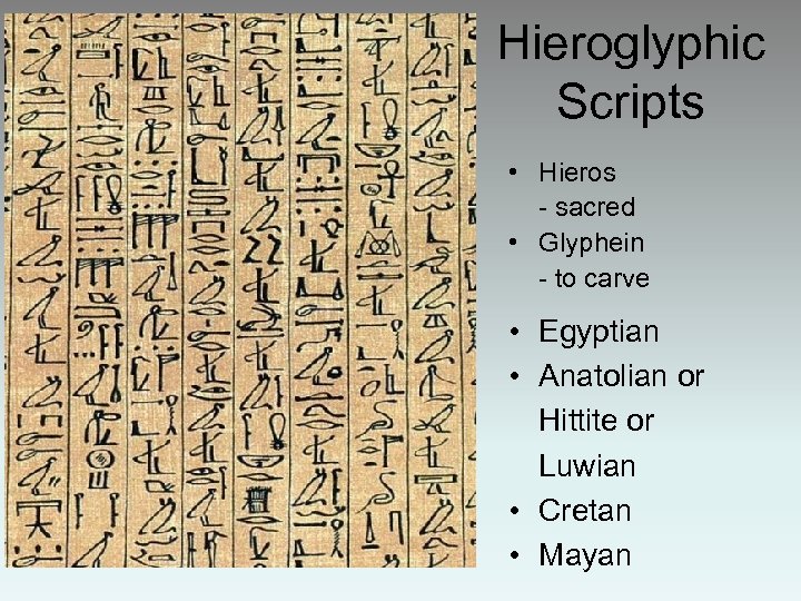 Hieroglyphic Scripts • Hieros - sacred • Glyphein - to carve • Egyptian •