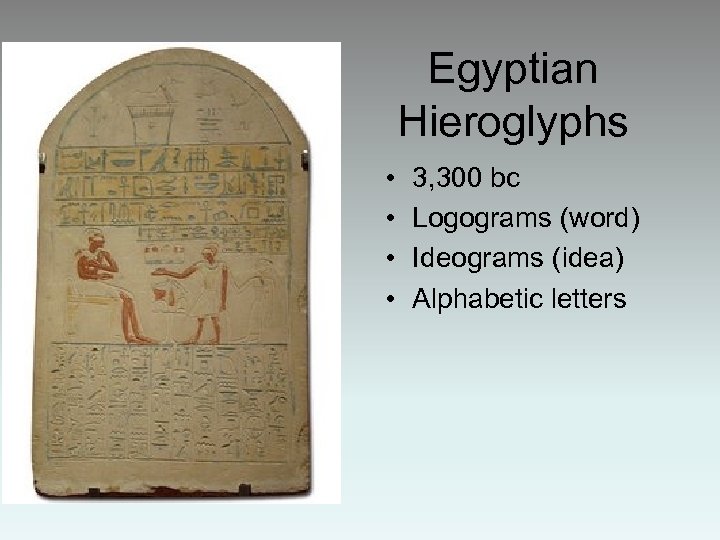 Egyptian Hieroglyphs • • 3, 300 bc Logograms (word) Ideograms (idea) Alphabetic letters 