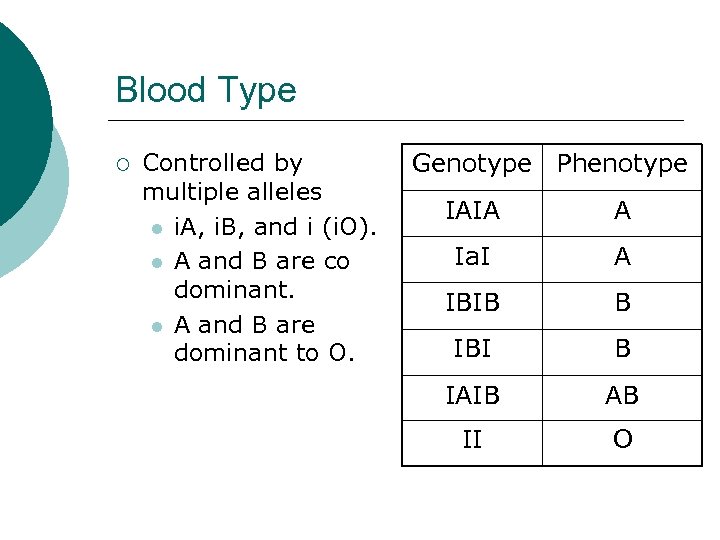 Blood Type ¡ Controlled by multiple alleles l i. A, i. B, and i
