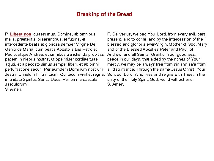 Breaking of the Bread P. Libera nos, quaesumus, Domine, ab omnibus malis, praeteritis, praesentibus,