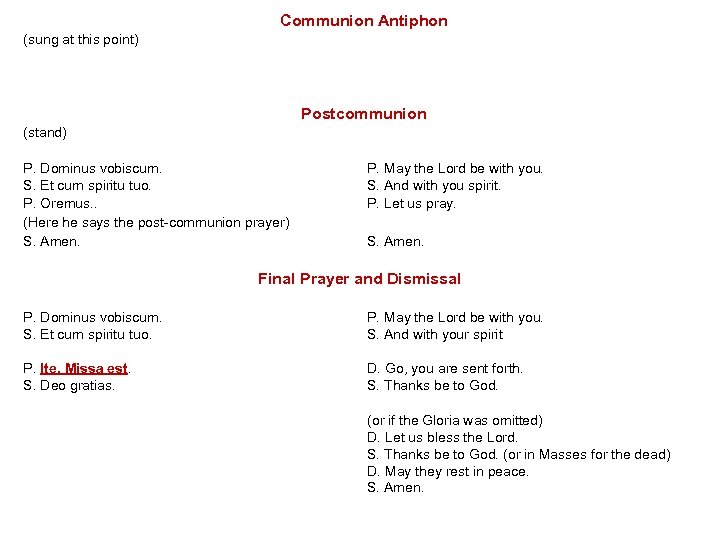 Communion Antiphon (sung at this point) Postcommunion (stand) P. Dominus vobiscum. S. Et cum