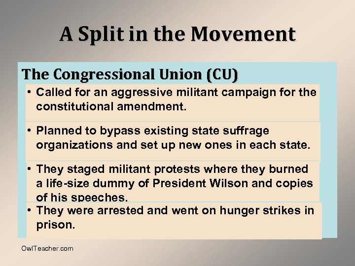 A Split in the Movement The Congressional Union (CU) • Called for an aggressive