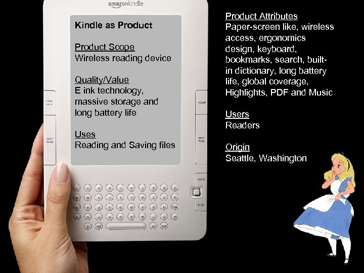 Kindle as Product Scope Wireless reading device Quality/Value E ink technology, massive storage and