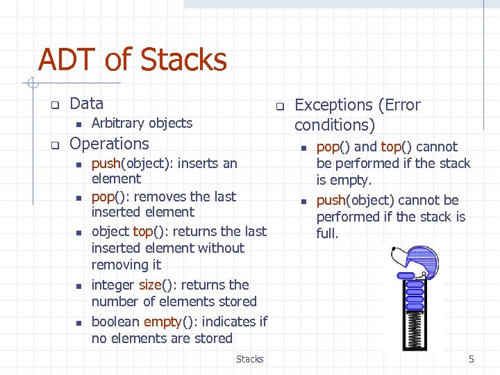 ADT of Stacks q Data n q q Arbitrary objects Operations n n n