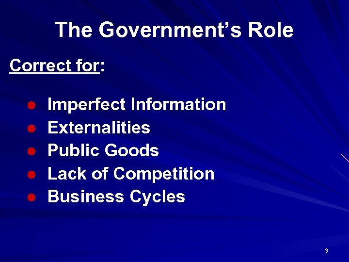 The Government’s Role Correct for: l l l Imperfect Information Externalities Public Goods Lack
