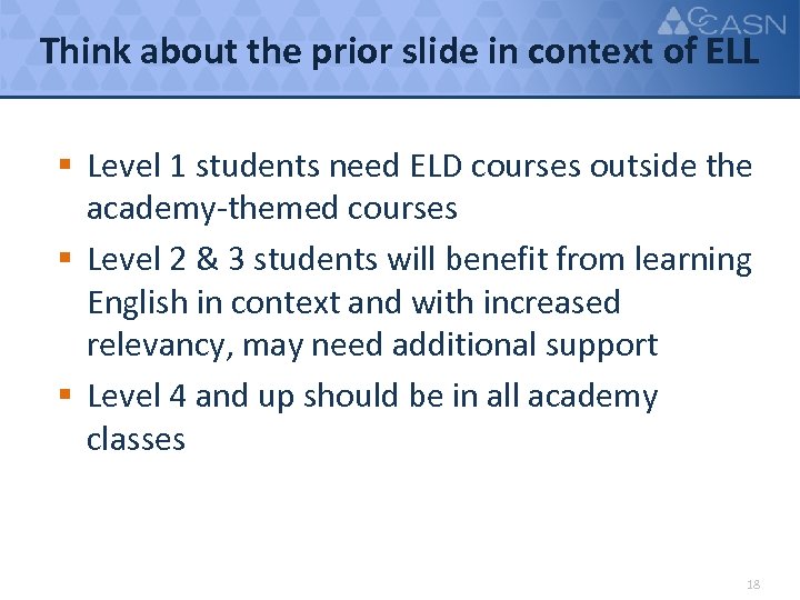 Think about the prior slide in context of ELL § Level 1 students need