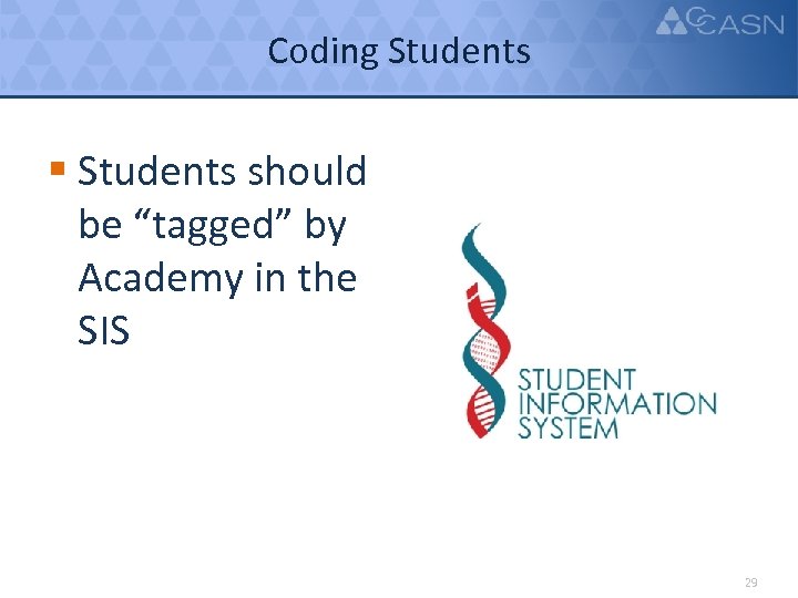 Coding Students § Students should be “tagged” by Academy in the SIS 29 