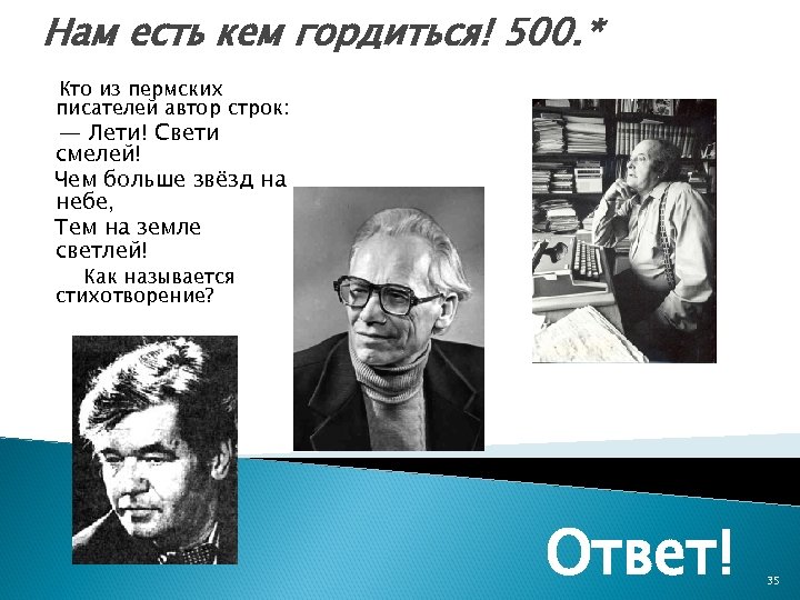 Нам есть кем гордиться! 500. * Кто из пермских писателей автор строк: В. Воробьёв