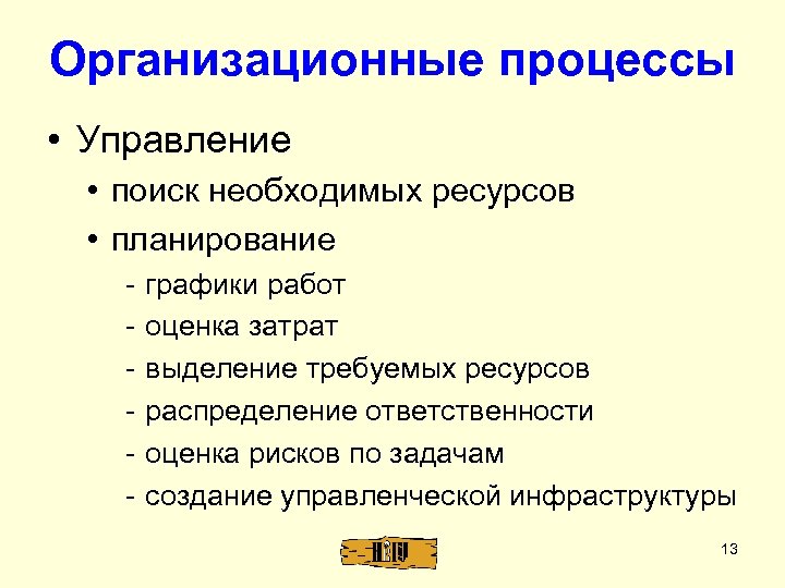 Организационные процессы • Управление • поиск необходимых ресурсов • планирование - графики работ оценка
