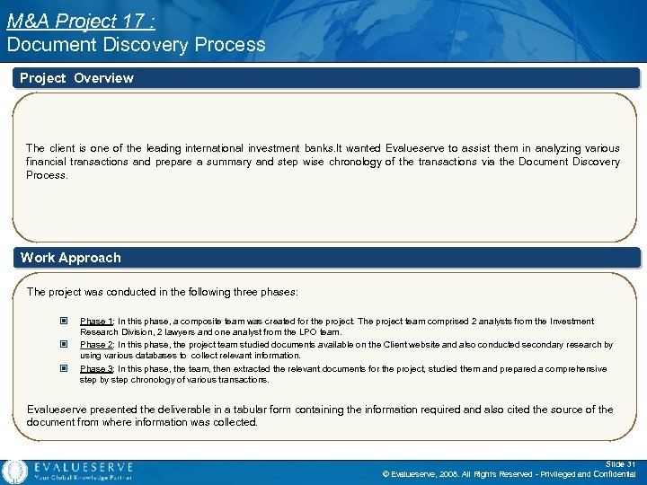 M&A Project 17 : Document Discovery Process Project Overview The client is one of