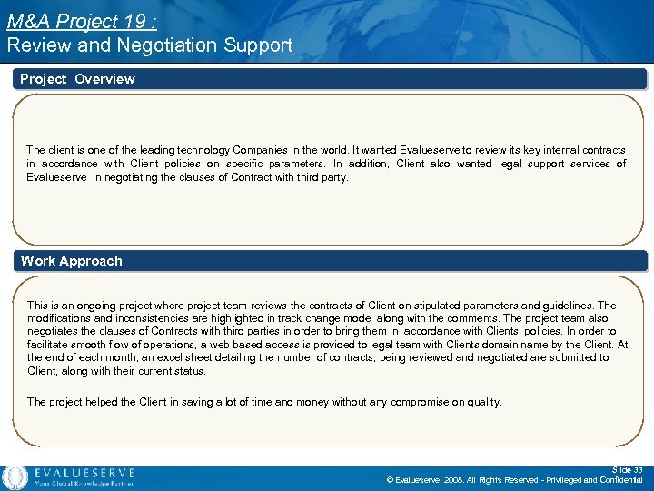 M&A Project 19 : Review and Negotiation Support Project Overview The client is one