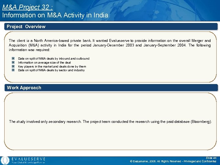 M&A Project 32 : Information on M&A Activity in India Project Overview The client