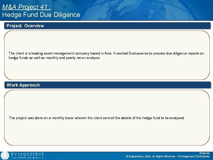 M&A Project 41 : Hedge Fund Due Diligence Project Overview The client is a