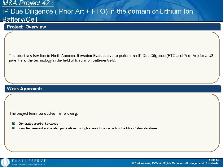 M&A Project 42 : IP Due Diligence ( Prior Art + FTO) in the