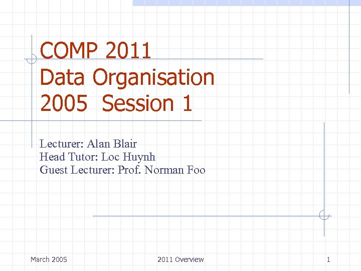COMP 2011 Data Organisation 2005 Session 1 Lecturer: Alan Blair Head Tutor: Loc Huynh