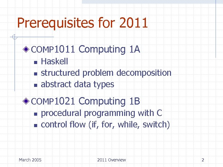 Prerequisites for 2011 COMP 1011 Computing 1 A n Haskell n structured problem decomposition