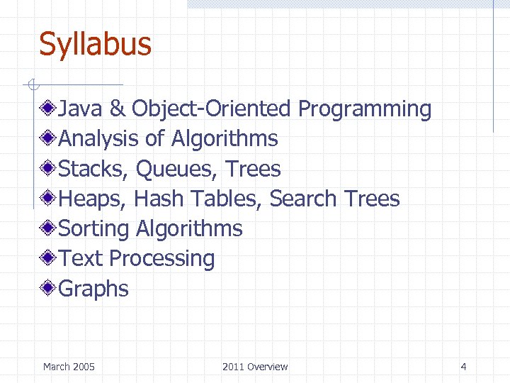Syllabus Java & Object-Oriented Programming Analysis of Algorithms Stacks, Queues, Trees Heaps, Hash Tables,
