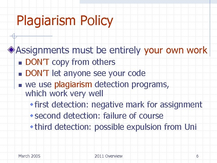 Plagiarism Policy Assignments must be entirely your own work n n n DON’T copy