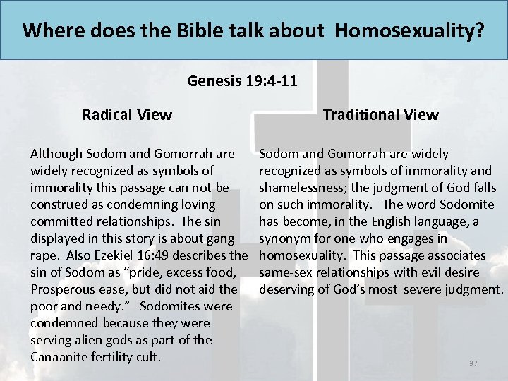 Where does the Bible talk about Homosexuality? Genesis 19: 4 -11 Radical View Although