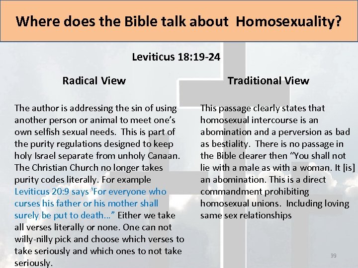 Where does the Bible talk about Homosexuality? Leviticus 18: 19 -24 Radical View The