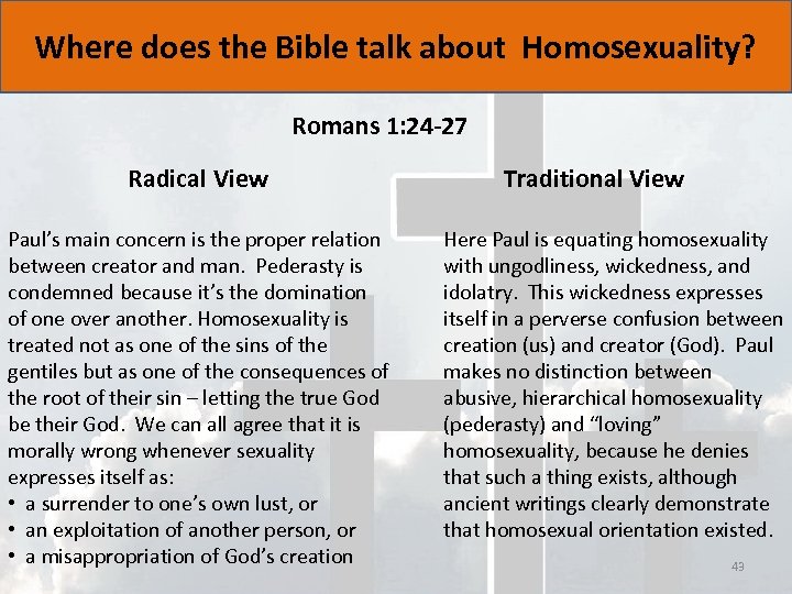 Where does the Bible talk about Homosexuality? Romans 1: 24 -27 Radical View Paul’s