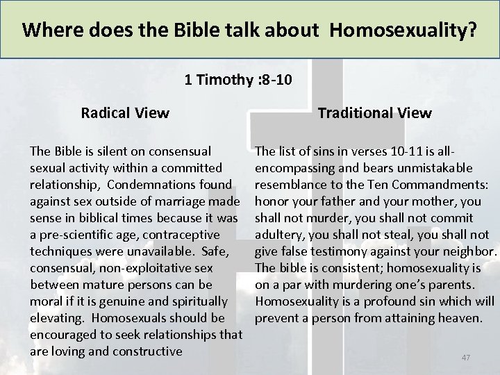 Where does the Bible talk about Homosexuality? 1 Timothy : 8 -10 Radical View