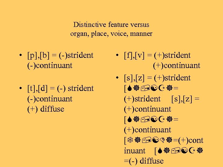 Distinctive feature versus organ, place, voice, manner • [p], [b] = (-)strident (-)continuant •