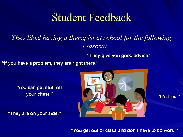 Student Feedback They liked having a therapist at school for the following reasons: “They