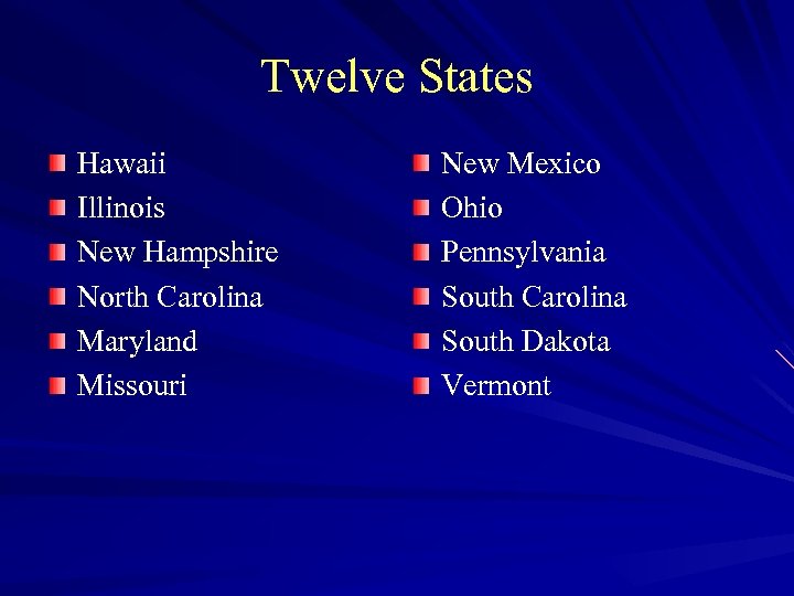 Twelve States Hawaii Illinois New Hampshire North Carolina Maryland Missouri New Mexico Ohio Pennsylvania