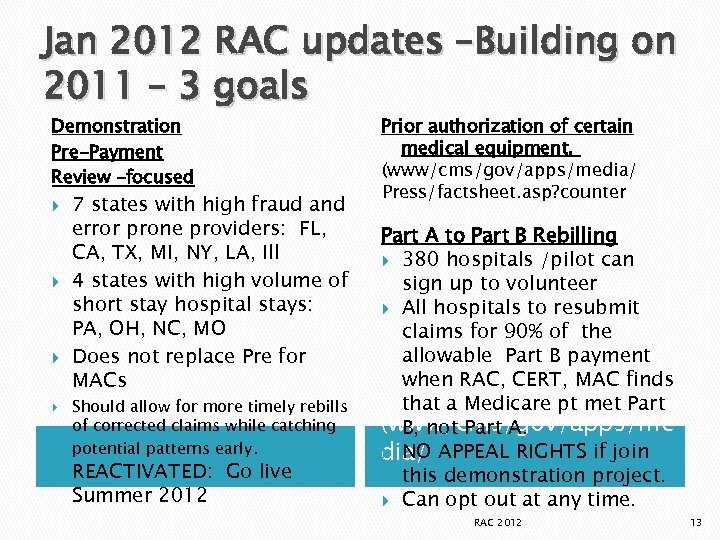 Jan 2012 RAC updates –Building on 2011 – 3 goals Demonstration Pre-Payment Review –focused