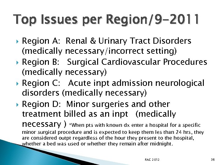 Top Issues per Region/9 -2011 Region A: Renal & Urinary Tract Disorders (medically necessary/incorrect