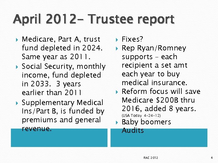 April 2012 - Trustee report Medicare, Part A, trust fund depleted in 2024. Same