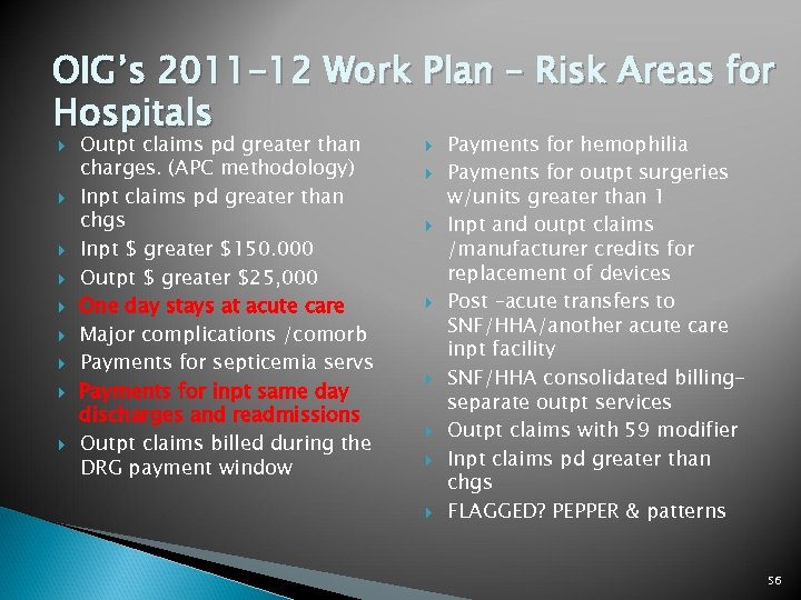 OIG’s 2011 -12 Work Plan – Risk Areas for Hospitals Outpt claims pd greater