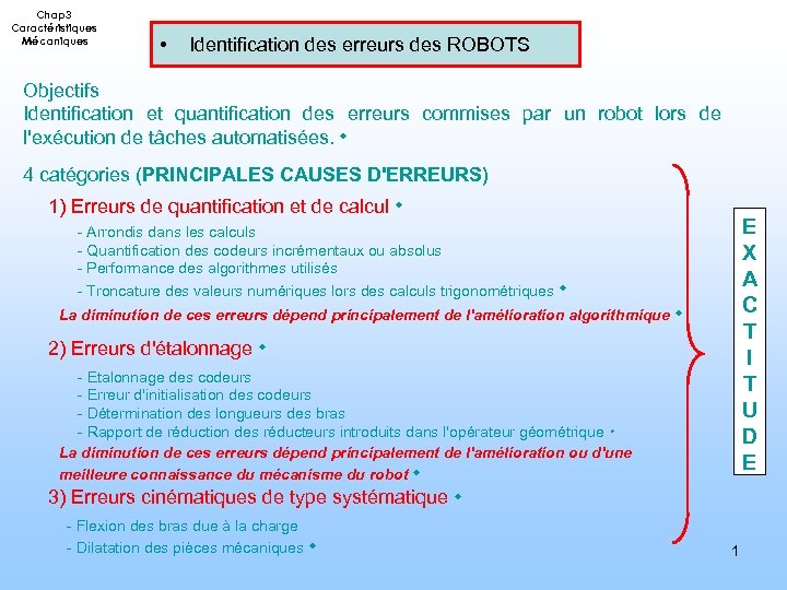 Chap 3 Caractéristiques Mécaniques • Identification des erreurs des ROBOTS Objectifs Identification et quantification