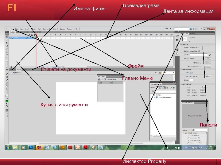 Име на филм Етикети на документи Времедиаграма Лента за информация Фрейм Главно Меню Кутия