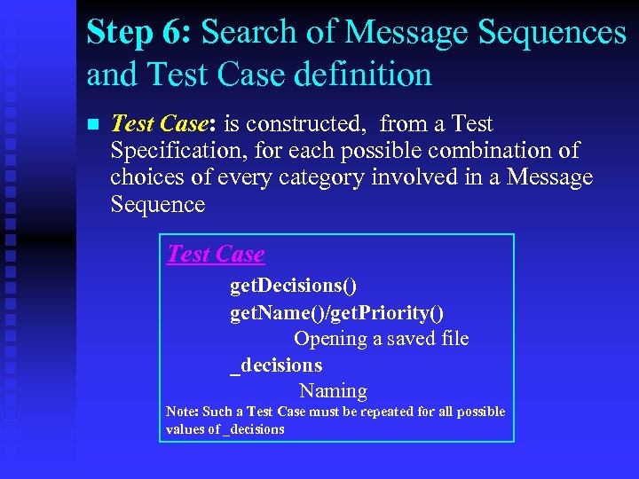 Step 6: Search of Message Sequences and Test Case definition n Test Case: is
